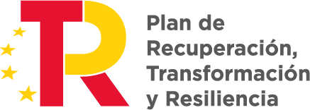 Logo del Plan de Recuperación, Transformación y Resiliencia de España, que incluye las iniciales "R" y "T" en colores rojo y amarillo, acompañadas de estrellas en un diseño moderno.