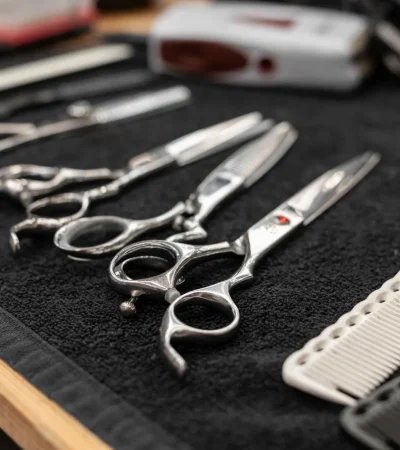 Conjunto de herramientas de peluquería sobre una superficie negra, incluyendo tijeras de corte y de entresacar, peines y una máquina de cortar cabello, ideal para estilistas y barberos.